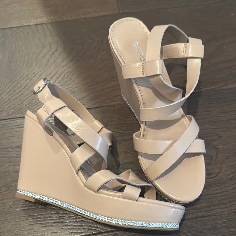 BCBG Tan Wedge Sandals with Adjustable Straps